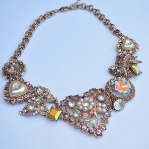 SOLD Betsey Johnson Hanging Hearts Boost Pearl Heart Purple AB Bow Necklace